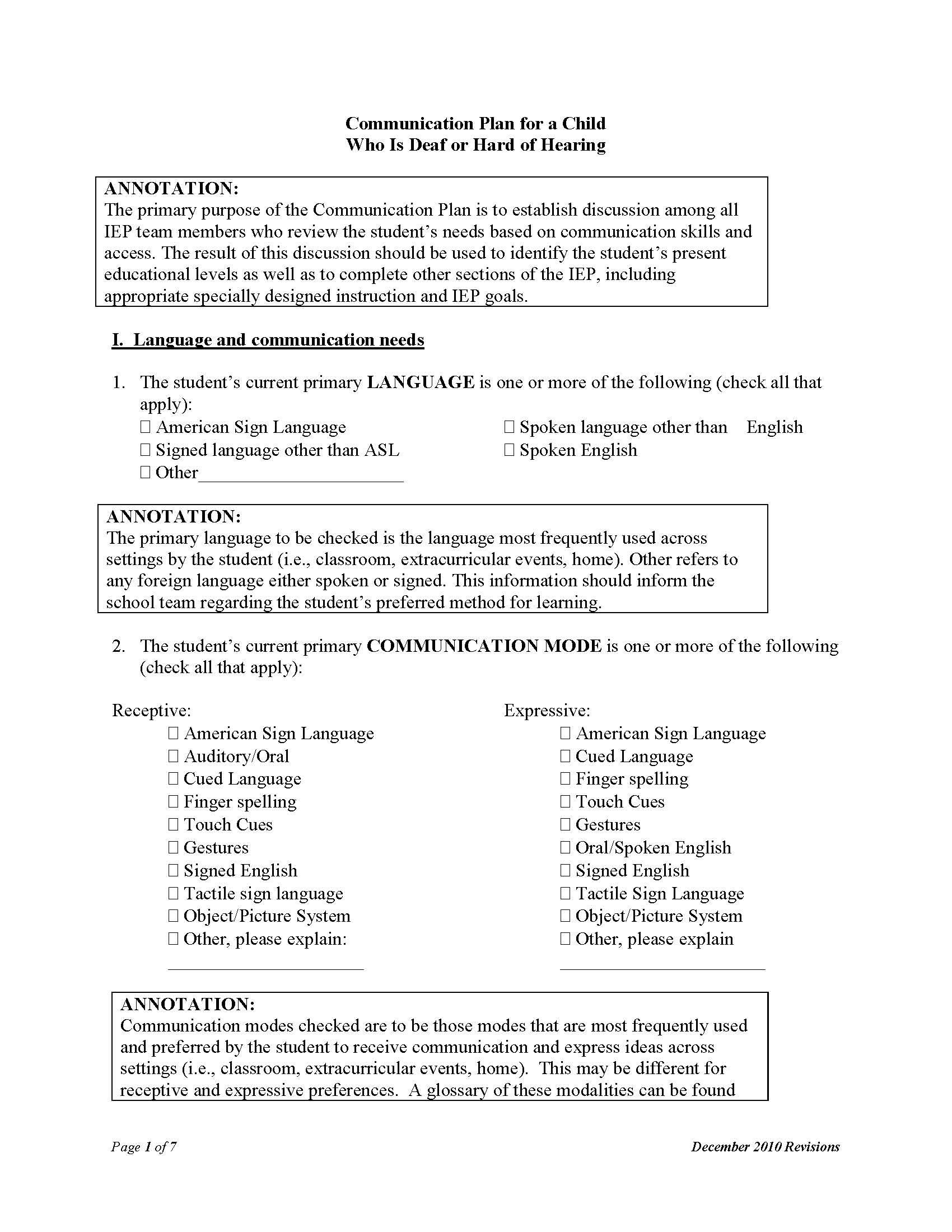 Communication Plan for a Child Who Is Deaf or Hard of Hearing (Annotated) - School Age