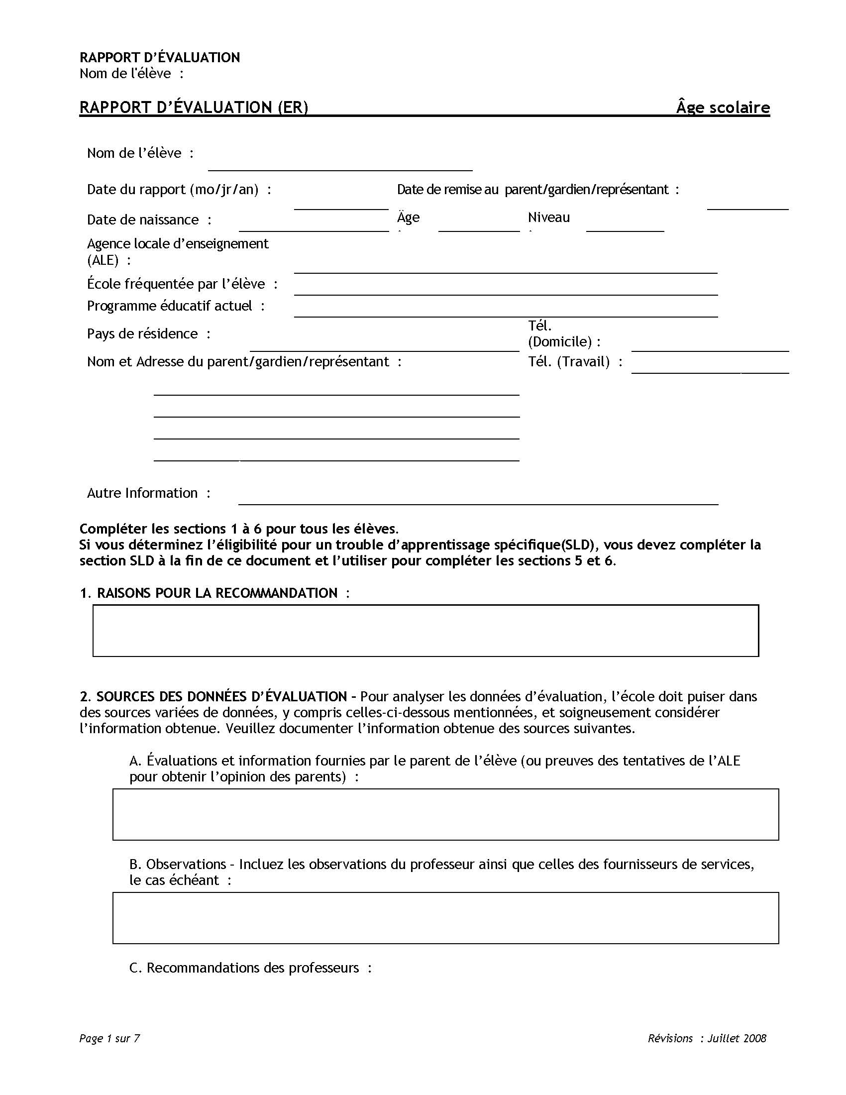 EVALUATION REPORT (ER) - School Age (French)