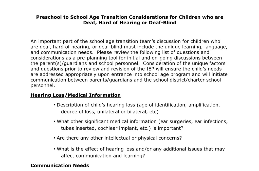 Preschool to School Age Transition Considerations for Children who are Deaf, Hard of Hearing or Deaf-Blind