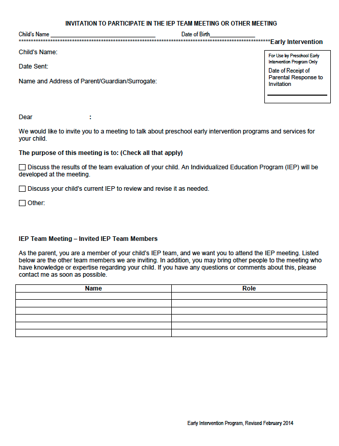 INVITATION TO PARTICIPATE IN THE IEP TEAM MEETING OR OTHER MEETING – Preschool Early Intervention 
