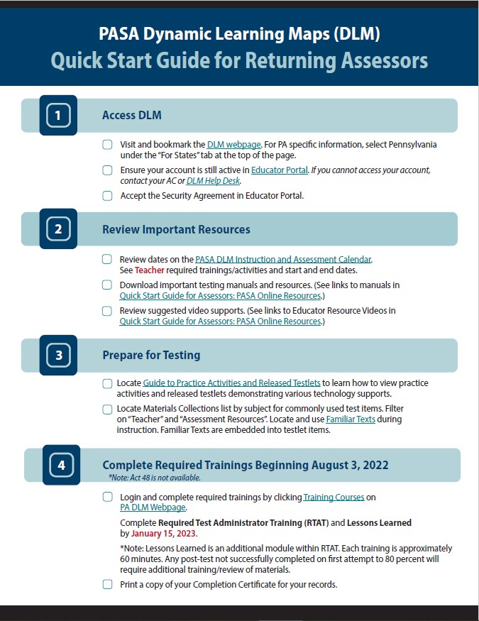PASA Dynamic Learning Maps (DLM) Quick Start Guide for Returning Assessors