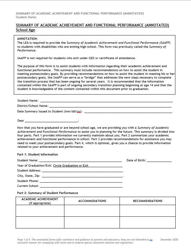 Summary of Academic Achievement and Functional Performance cover image