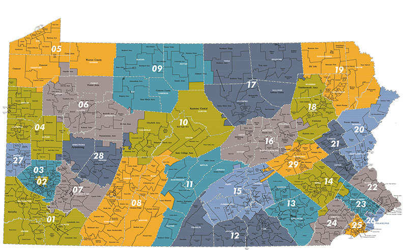 Map of Pennsylvania separated into IU districts.