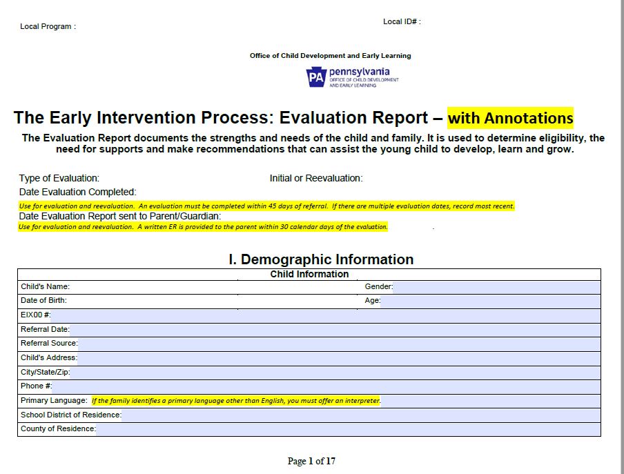 Infant Toddler Early Intervention Evaluation Report - Annotated  cover image