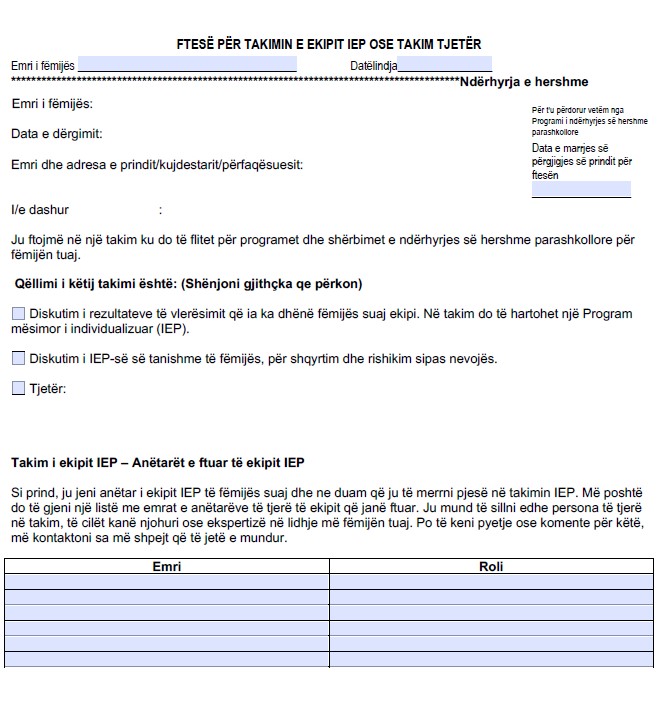 INVITATION TO PARTICIPATE IN THE IEP TEAM MEETING OR OTHER MEETING – Preschool Early Intervention – Albanian Version cover image
