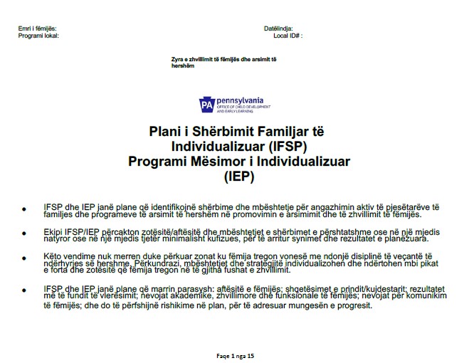 Individualized Family Service Plan/Individualized Education Program (IFSP/IEP) - Early Intervention – Albanian Version