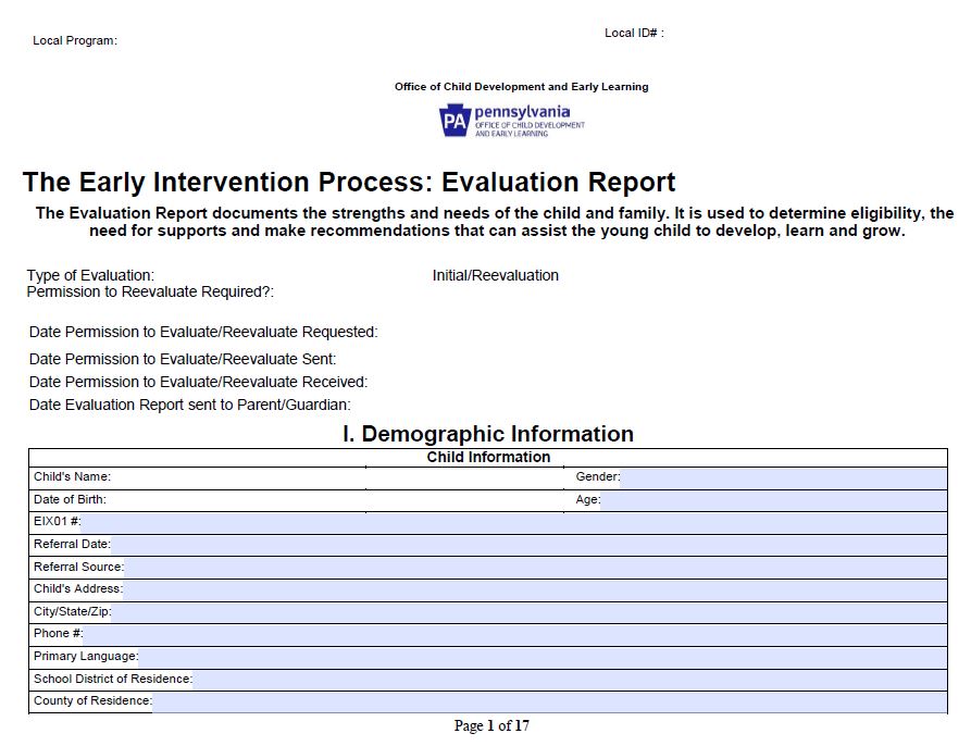 Preschool Early Intervention Evaluation Report 