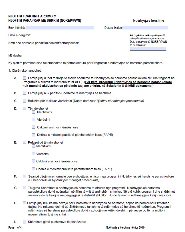 NOTICE OF RECOMMENDED EDUCATIONAL PLACEMENT/PRIOR WRITTEN NOTICE (NOREP/PWN) - Preschool Early Intervention – Albanian Version cover image