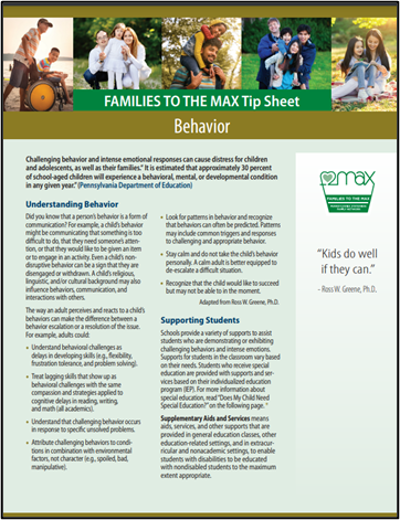Families to the Max Tip Sheet on Behavior. Click on image to go to publications page.