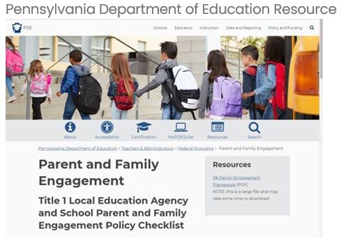 image of Pennsylvania Department of Education Resource Parent and Family Engagement Title 1 Local Education Agency and school Parent and Family Engagement Policy Checklist. Click on image to go to webpage.