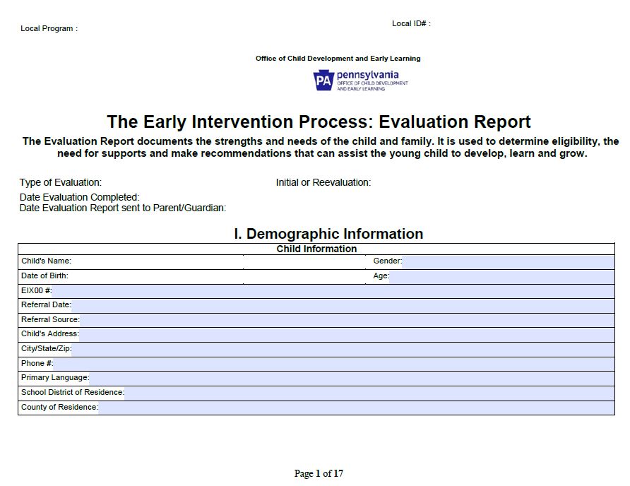 Infant Toddler Early Intervention Evaluation Report 