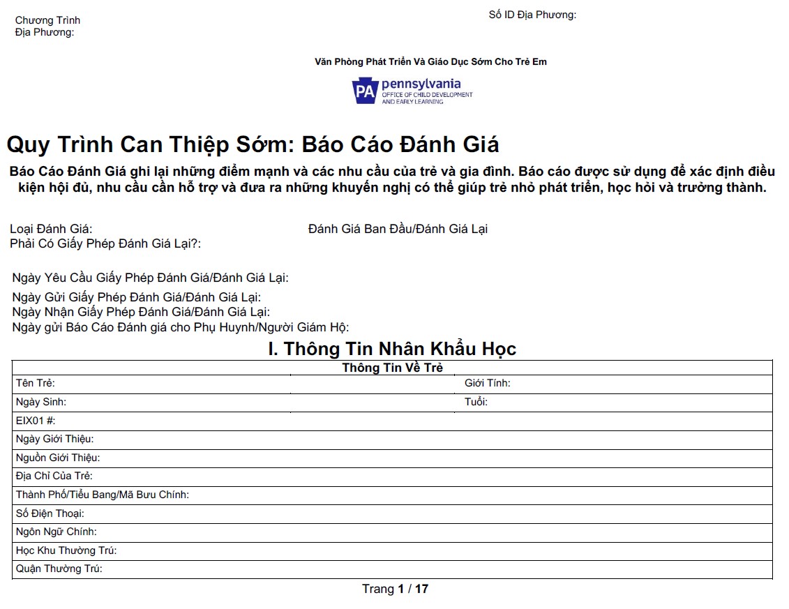 Preschool Early Intervention Evaluation Report - Vietnamese cover image