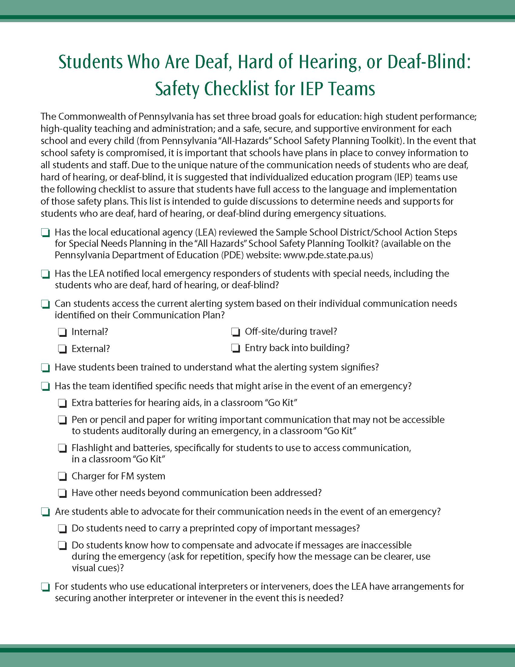 Students Who Are Deaf, Hard of Hearing, or Deaf-Blind: Safety Checklist for IEP Teams