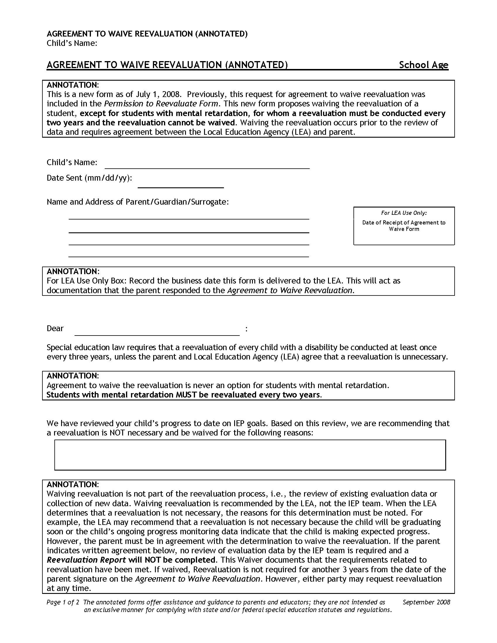 Agreement to Waive Reevaluation (Annotated) - School Age 