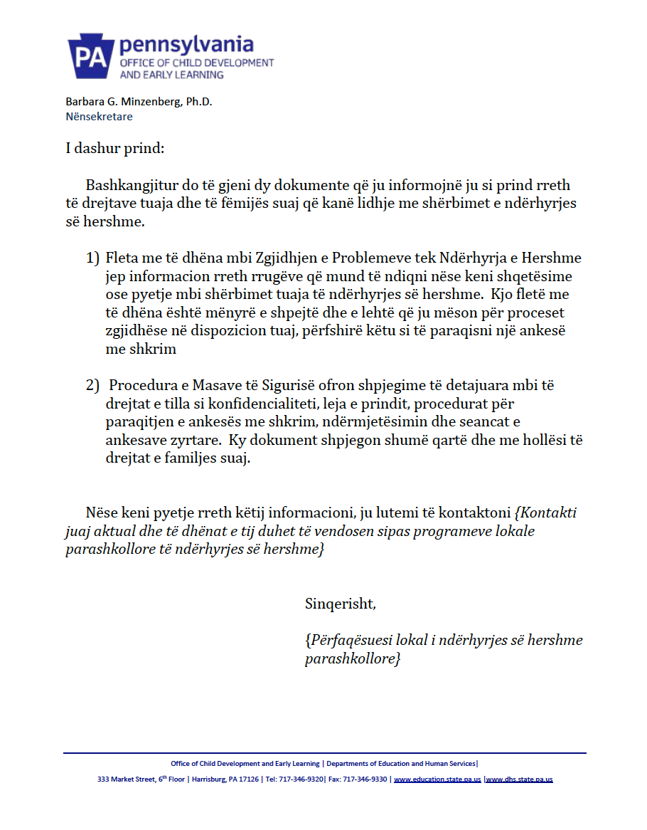 Procedural Safeguards Letter - Preschool Early Intervention Albanian