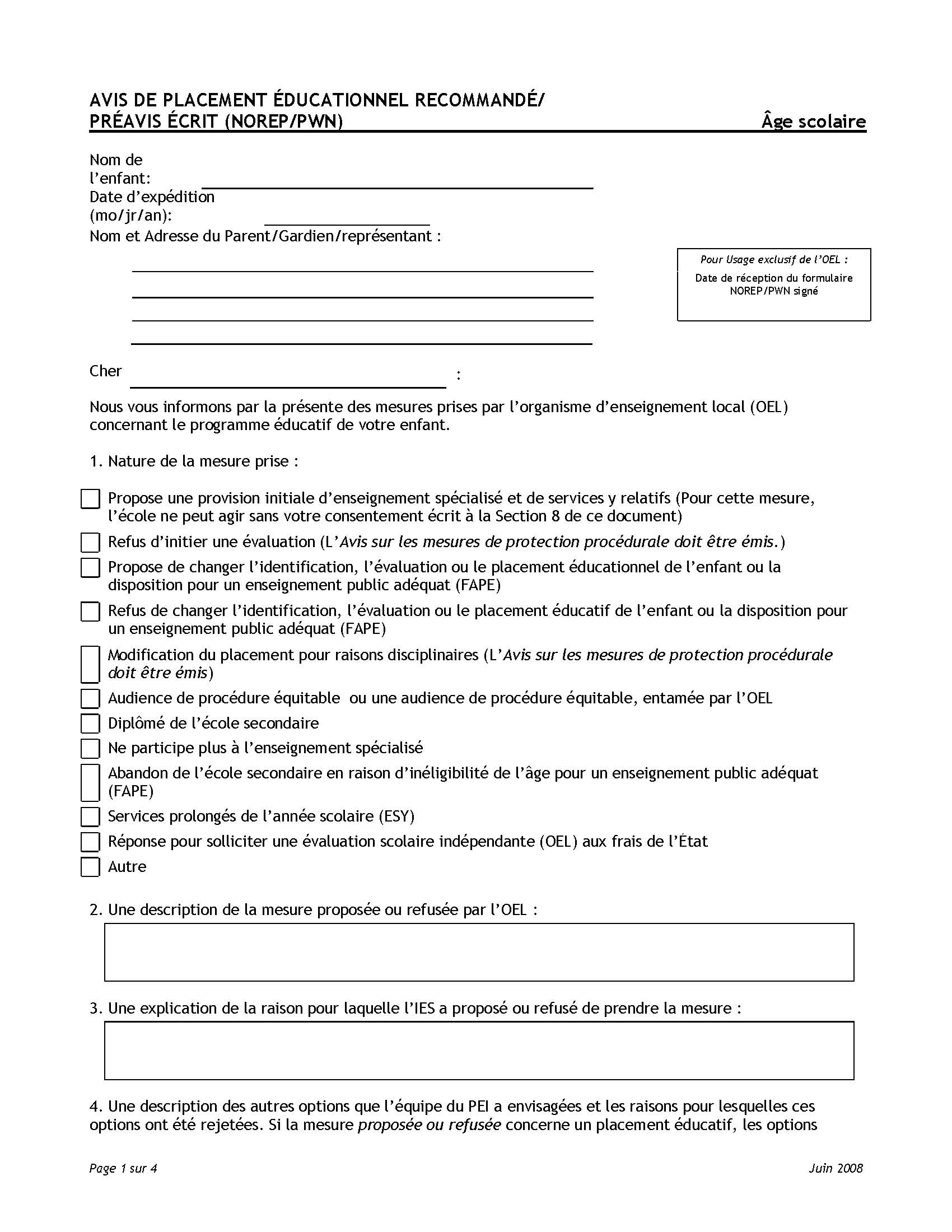 NOTICE OF RECOMMENDED EDUCATIONAL PLACEMENT/PRIOR WRITTEN NOTICE (NOREP/PWN) - School Age - French 