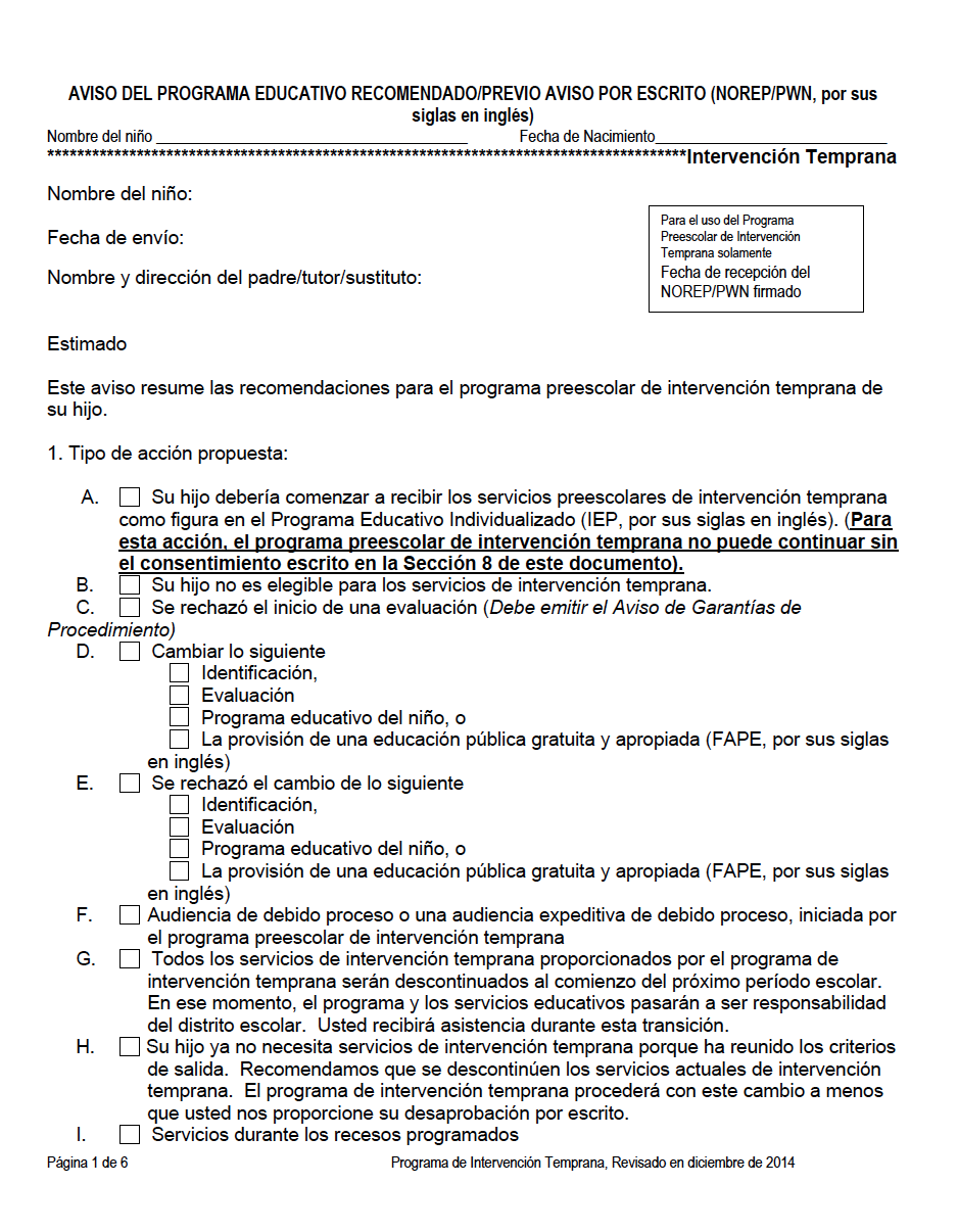 NOTICE OF RECOMMENDED EDUCATIONAL PLACEMENT/PRIOR WRITTEN NOTICE (NOREP/PWN) - Preschool Early Intervention Spanish cover image