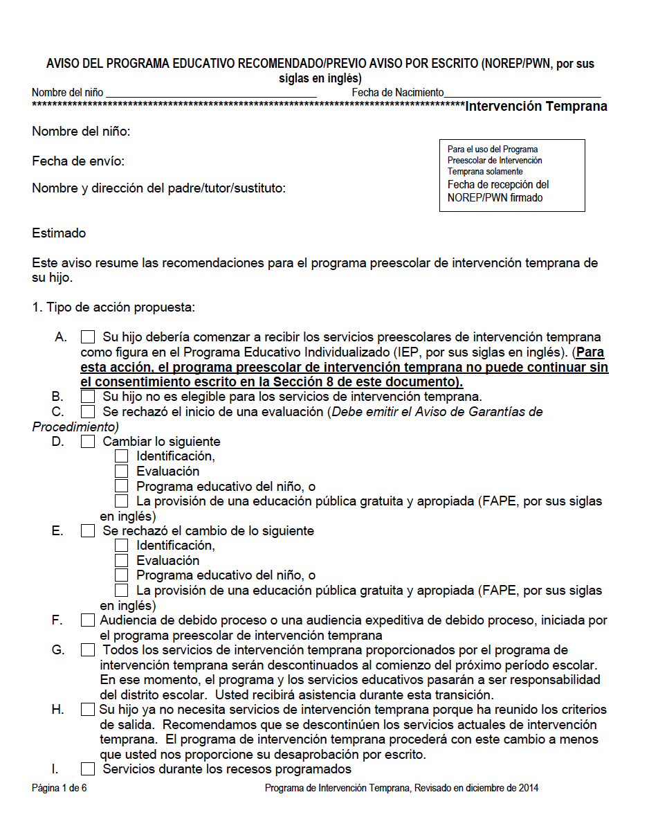 NOTICE OF RECOMMENDED EDUCATIONAL PLACEMENT/PRIOR WRITTEN NOTICE (NOREP/PWN) - Preschool Early Intervention Spanish