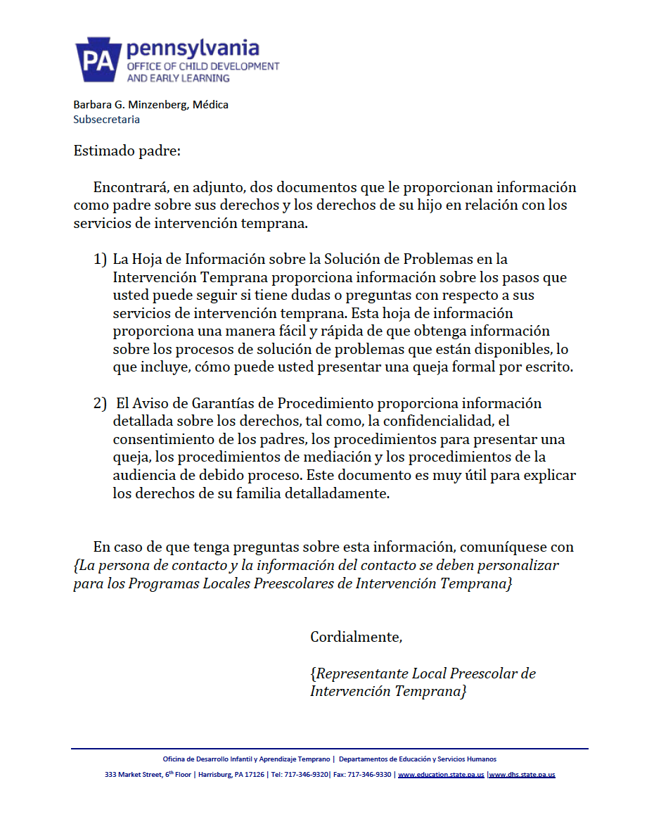 Procedural Safeguards Letter - Preschool Early Intervention Spanish cover image