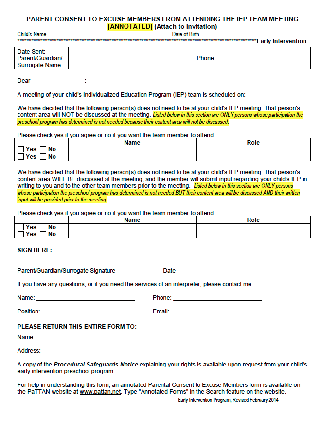 Parental Consent to Excuse Members from Attending the IEP Team Meeting (Annotated) - Preschool Early Intervention  