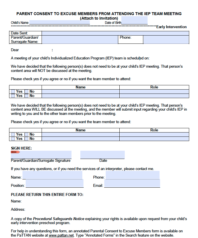 PARENTAL CONSENT TO EXCUSE MEMBERS FROM ATTENDING THE IEP TEAM MEETING - Preschool Early Intervention 