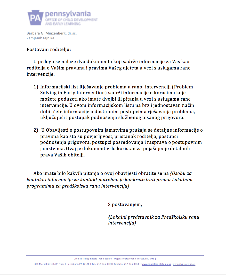 Procedural Safeguards Letter - Preschool Early Intervention Croatian