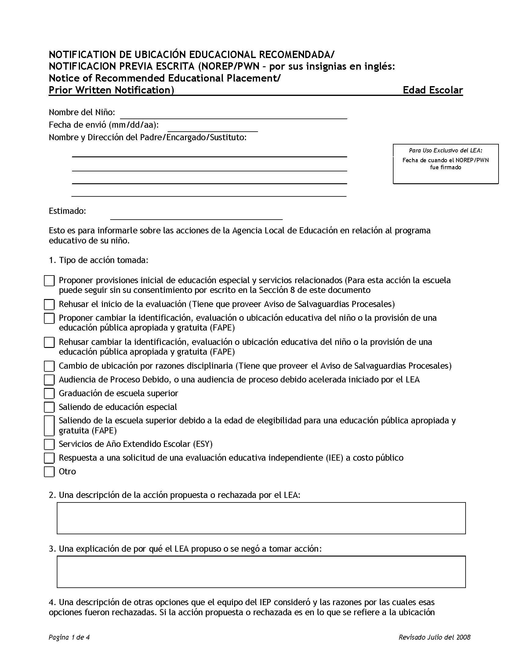 NOTICE OF RECOMMENDED EDUCATIONAL PLACEMENT/PRIOR WRITTEN NOTICE (NOREP/PWN) - School Age - Spanish 