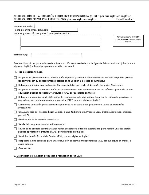 NOTIFICACIÓN DE LA UBICACIÓN EDUCATIVA RECOMENDADA/ NOTIFICACIÓN PREVIA POR ESCRITO (NOREP/PWN, por sus siglas en inglés) – Edad escolar  cover image