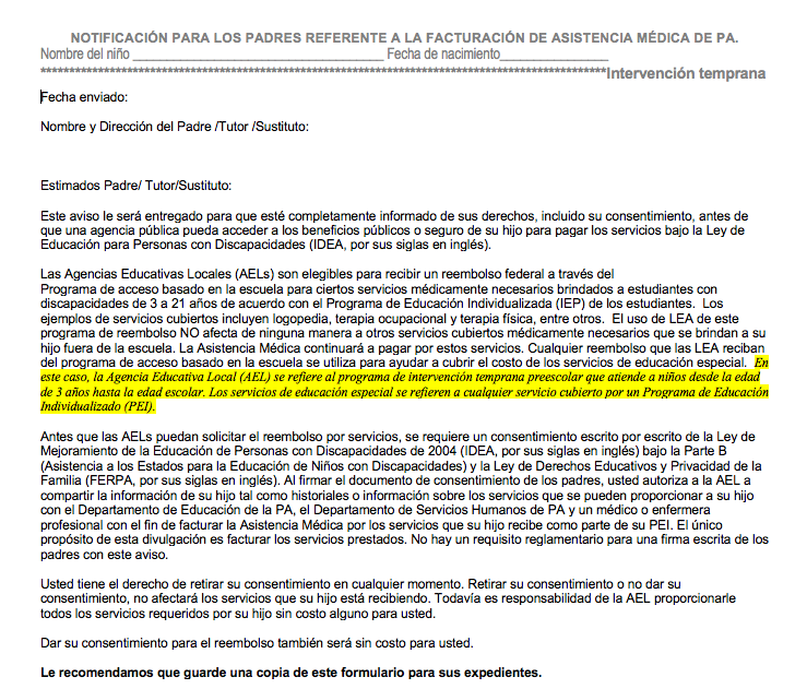 Pennsylvania Medical Assistance Billing Parental Notice - Annotated - Spanish VERSION 