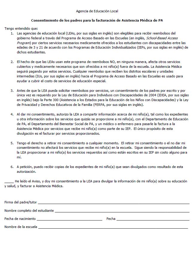 Consentimiento de los padres para que se les facture la Asistencia Médica de Pennsylvania 