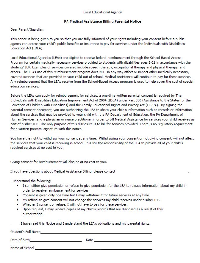 PaTTAN Pennsylvania Medical Assistance Billing Parental Notice
