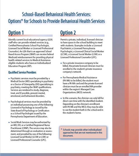 School-Based Behavioral Health Services: Options for Schools to Provide Behavioral Health Services