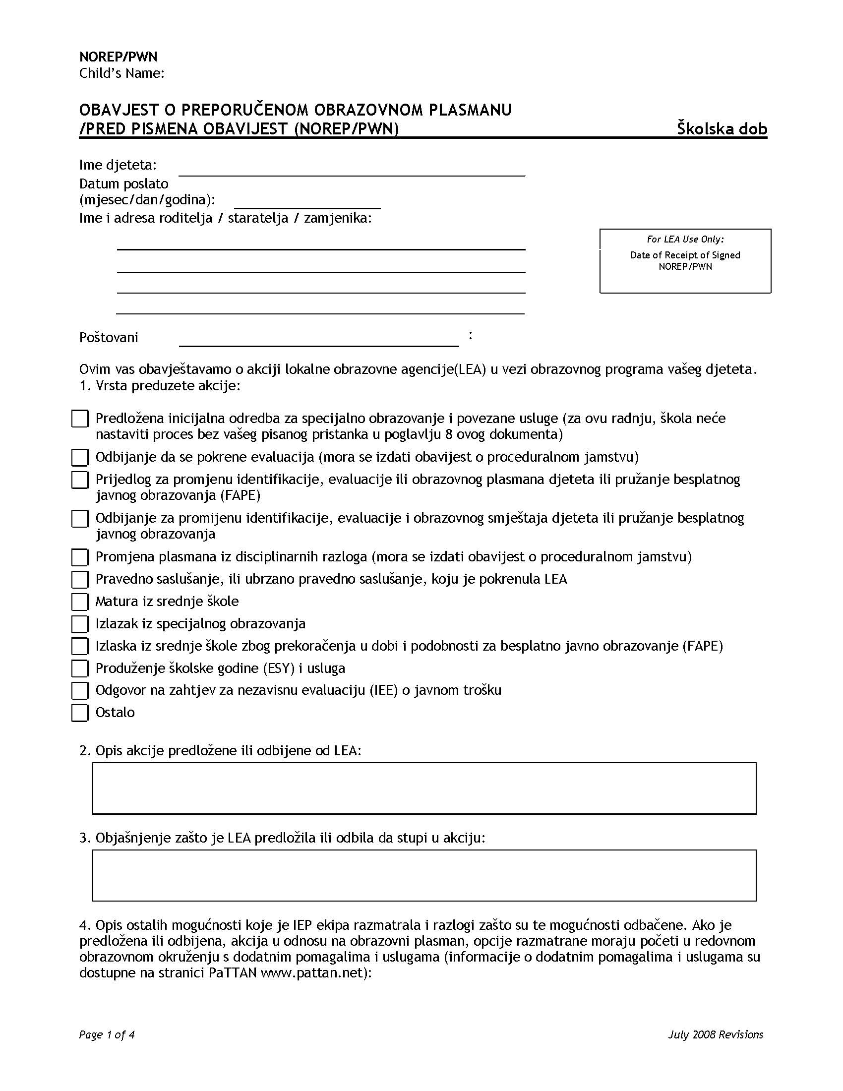 NOTICE OF RECOMMENDED EDUCATIONAL PLACEMENT/PRIOR WRITTEN NOTICE (NOREP/PWN) - School Age - Croatian 